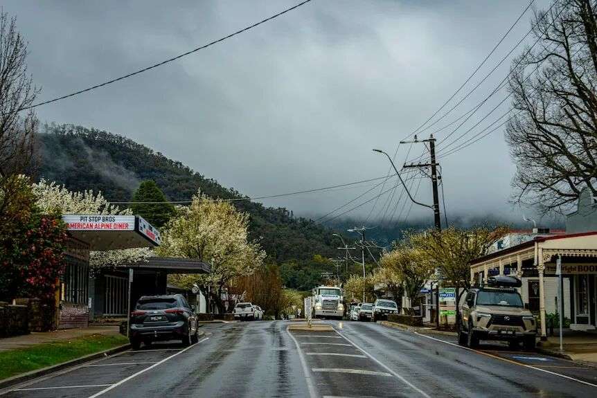 道路两旁都是商店,卡车朝镜头驶来。