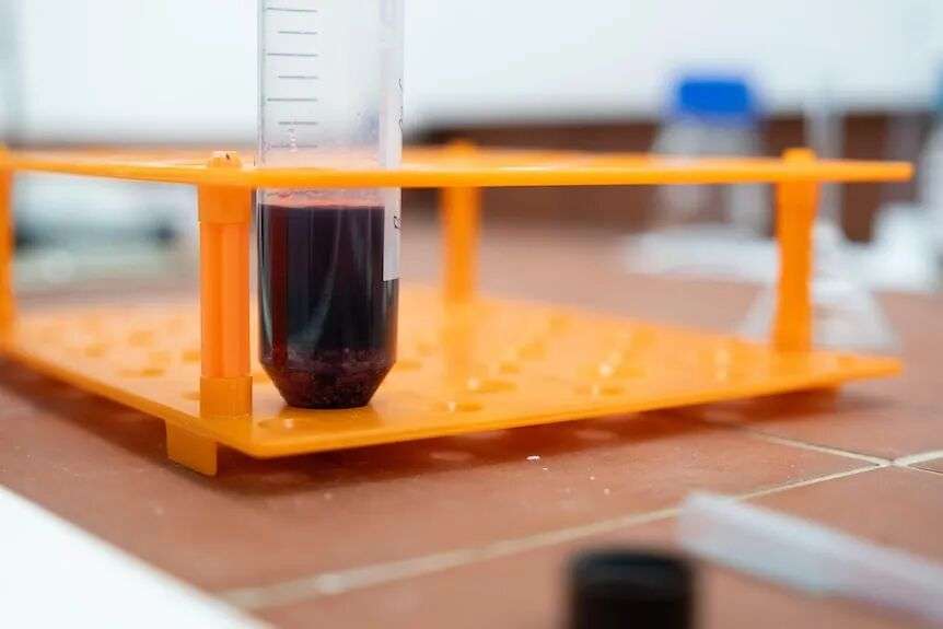 A close-up of a tube containing a dark purple liquid, held in a bright orange test tube rack.