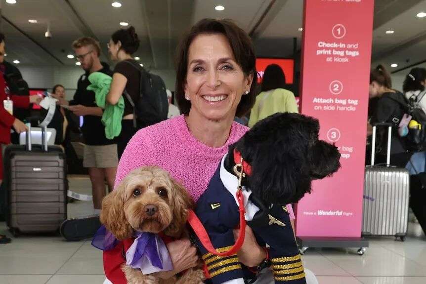 A woman in a pink shirt holding two dogs in pilot uniforms.