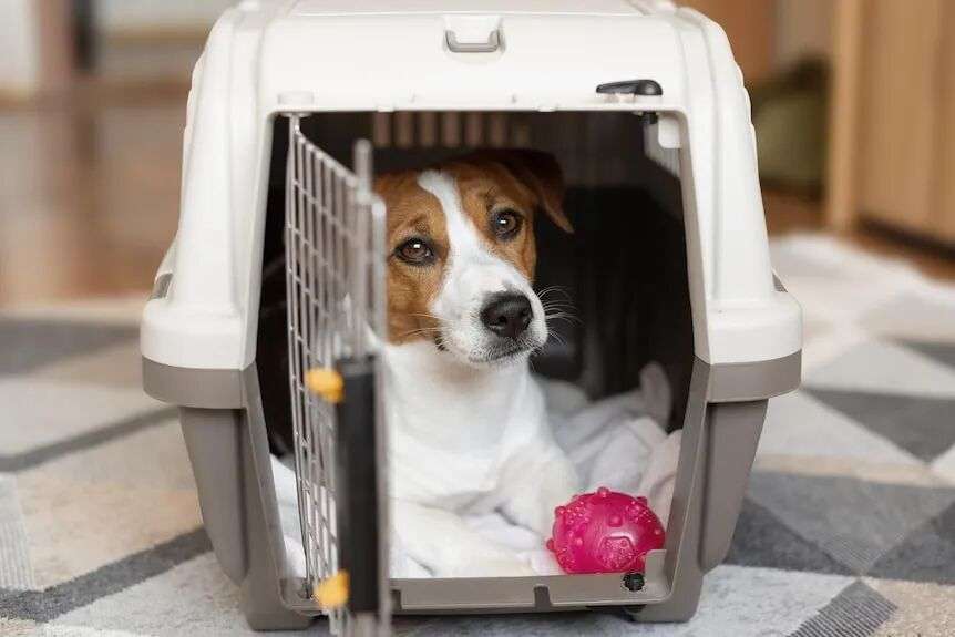 Cute Jack russell terrier dog with a rubber toy ball inside a carrier for animals in a neutral interior.