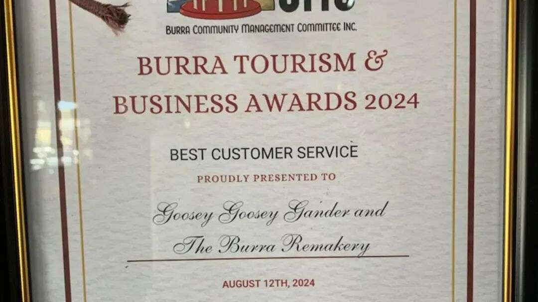 A local award won by Goosey Goosey Gander & The Burra Remakery for best customer service. Picture: Supplied