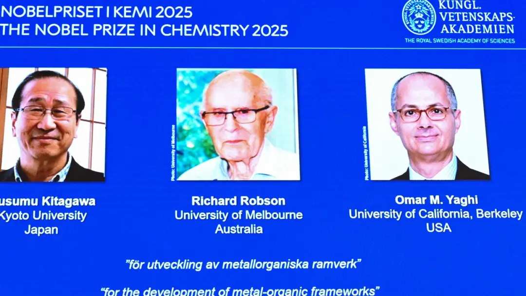 北川进、理查德·罗布森和奥马尔·M·亚吉因开发金属有机框架材料而荣获诺贝尔化学奖。图片:法新社