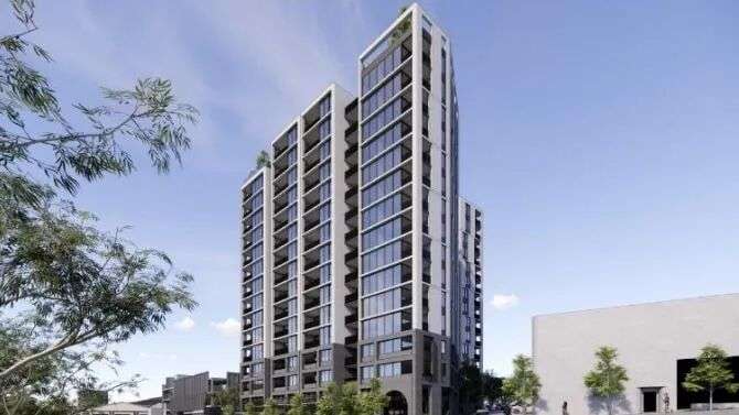 A render of a proposed 17-storey community and affordable housing tower in Greensborough,