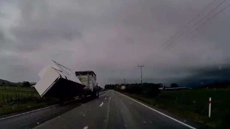 A truck trailer tipped by strong winds near Pahiatua.