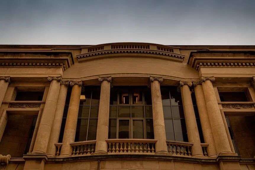 An old stone building with columns