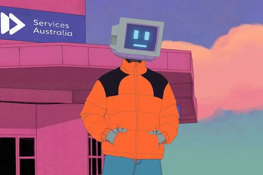 A graphic of a man with a computer head outside Services Australia.