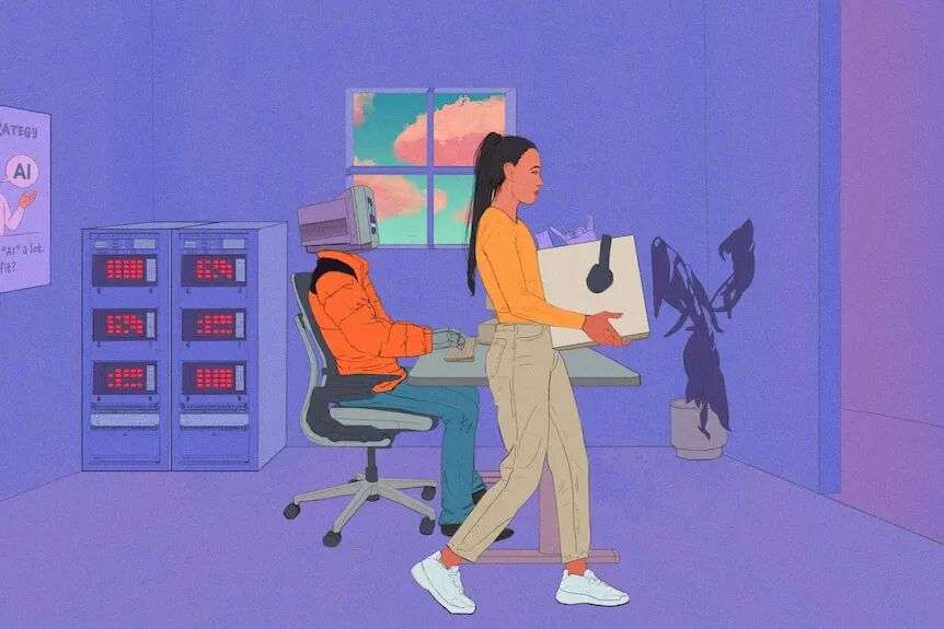 An employee walking out of the room with her belongings after an AI bot took her job.
