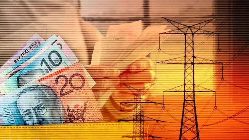 Hand holding electricity bill, cash with power lines in the background