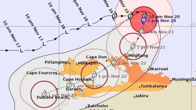 A track map from the BOM that shows Cyclone Fina making landfall near Minjilang.