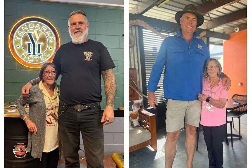 Two images side by side with a short woman standing beside a tall man in each of them. There is a large height difference.