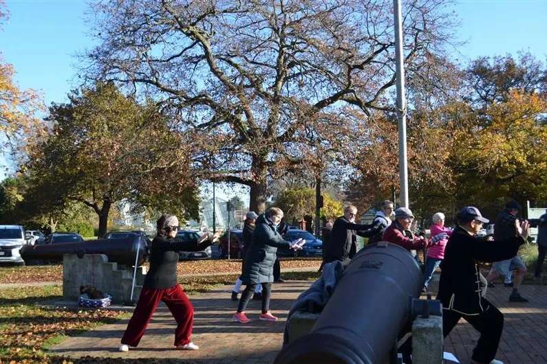 People doing tai chi in a park.