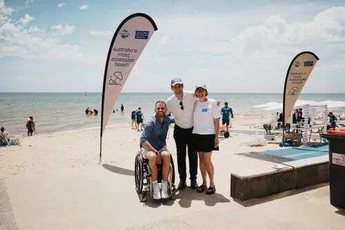 Accessible Beaches Australia founder Shane Hryhorec (left) with former Frankston City Council mayor Kris Bolam and Accessible Beaches Australia's Bern Walker.