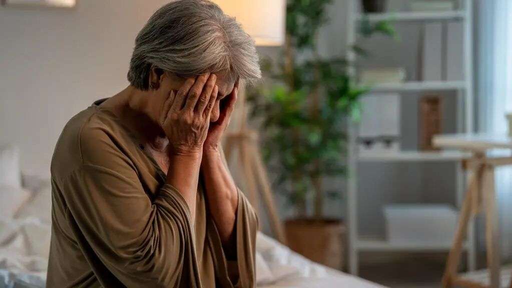 Asian senior elderly depressed woman sitting alone in bedroom at home. Attractive mature grandmother feeling sad, lonely and frustrated with life problem think of money debt, budget loss, bankruptcy.