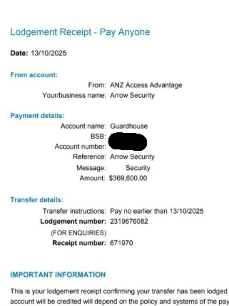 The ANZ bank payment receipt allegedly sent by Ms Kekatos to Guardhouse. Picture: Supplied