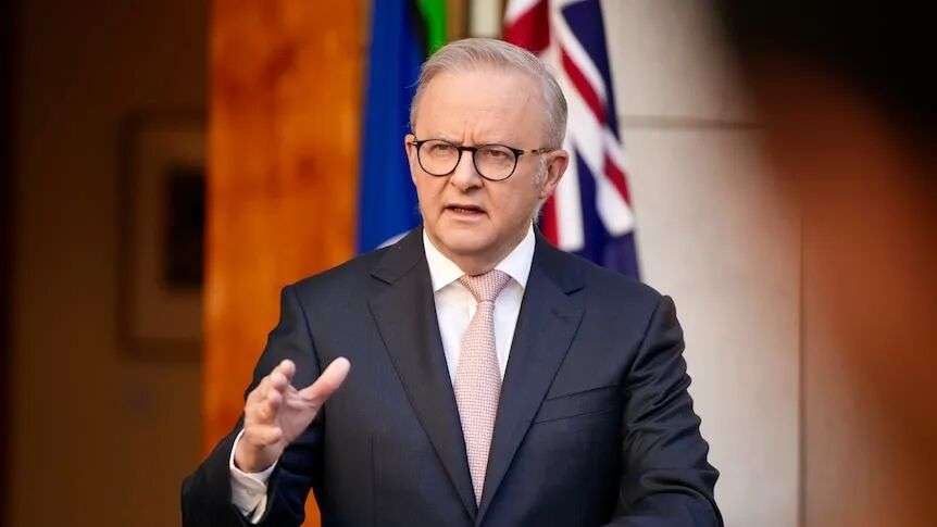 Anthony Albanese speaks at a press conference.