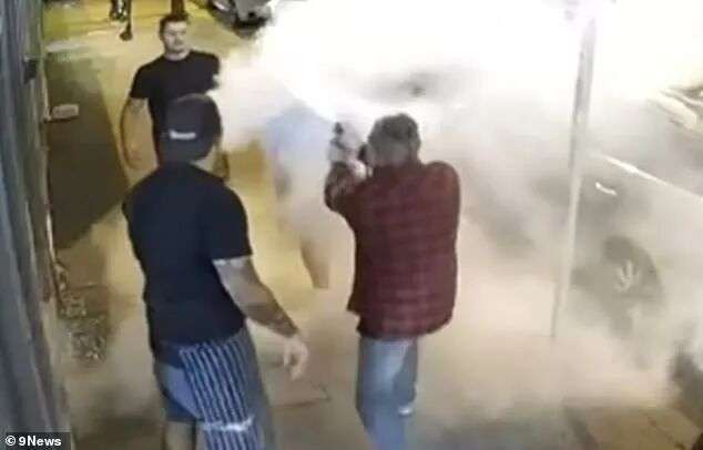 The man had earlier sprayed pizza shop owner Lance in the face with a fire extinguisher