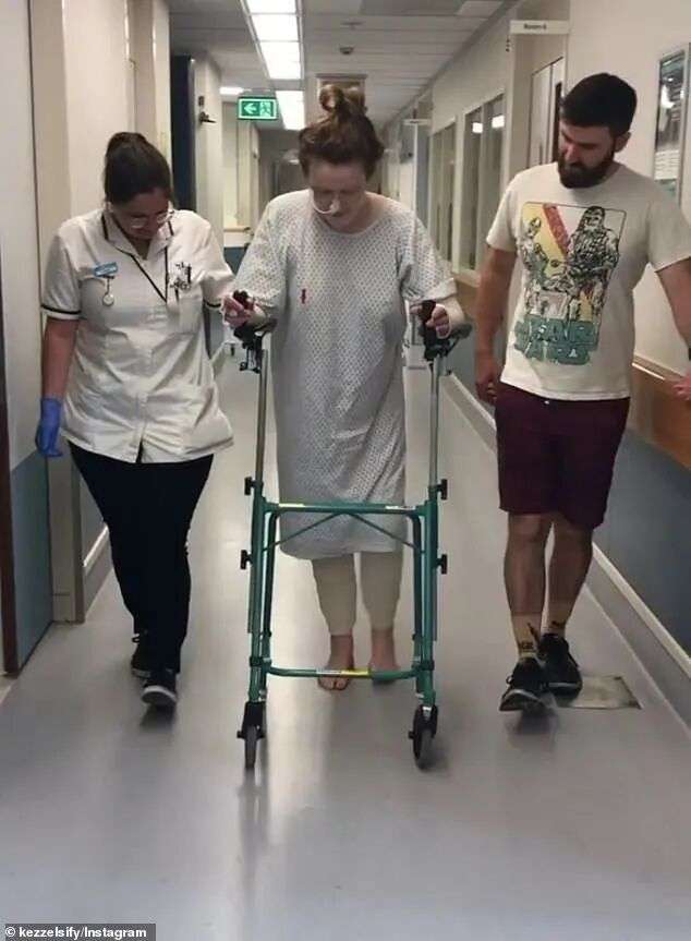 Kelsey Waghorn is pictured in hospital recovering from the serious injuries she suffered in the White Island eruption