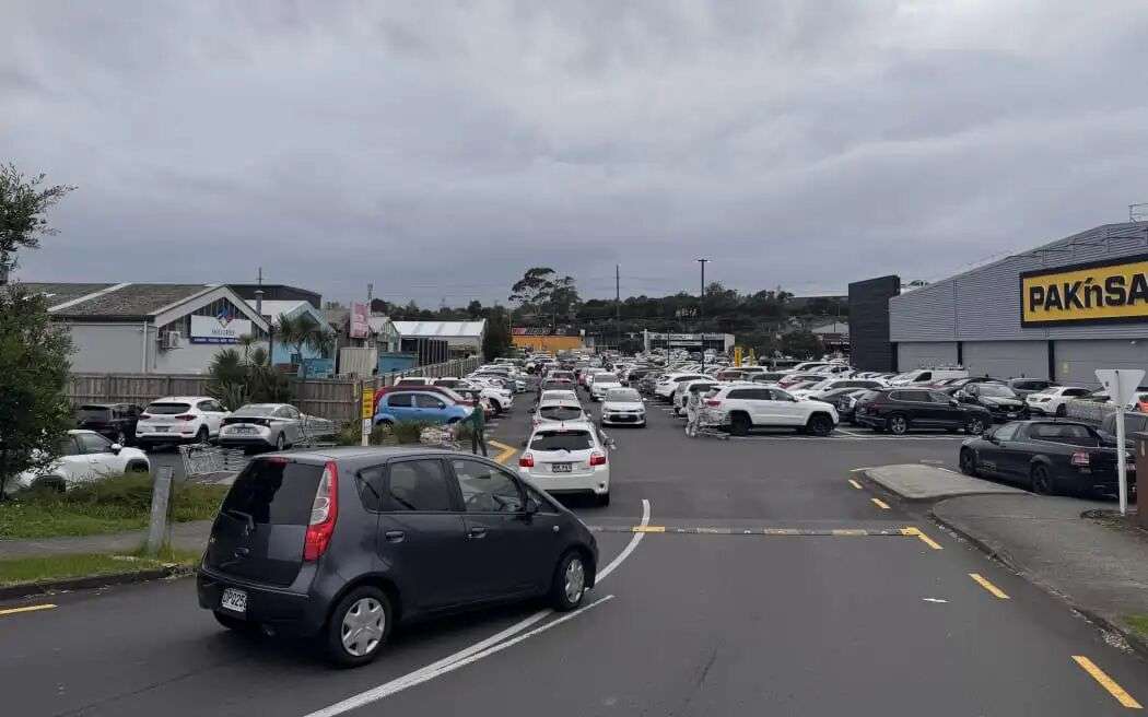 Customers queue in the carpark at Pak'nSave Wairau Road.