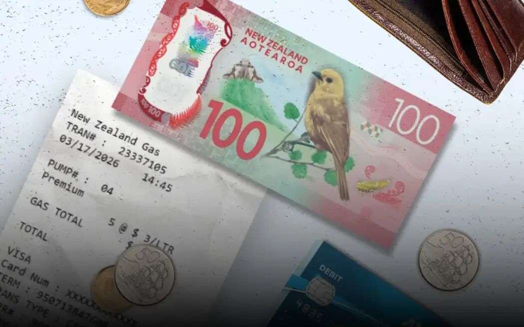 Composite graphic of gas station receipt and loose change and wallet