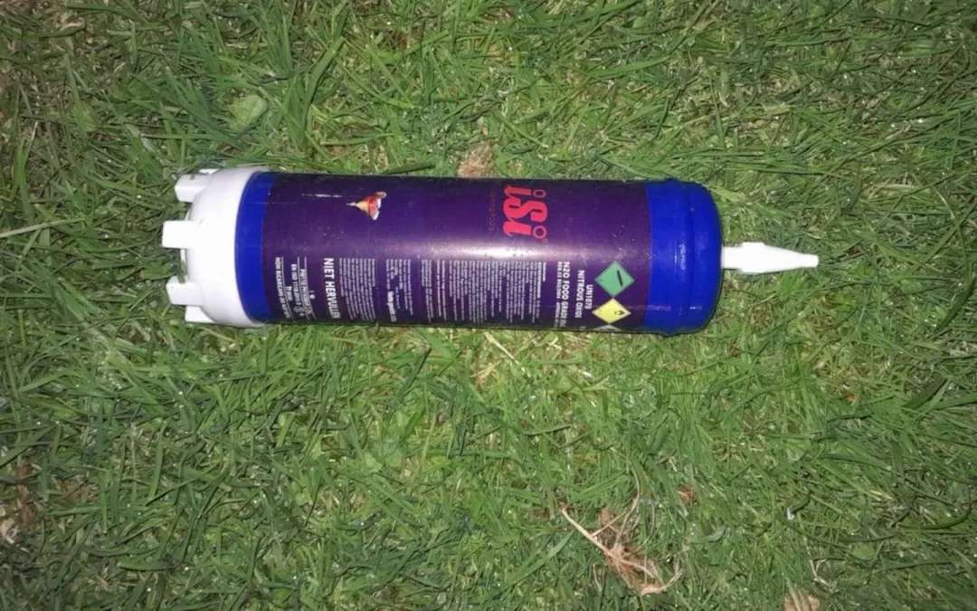 One of the 1.6 litre canisters – about 130 times a standard nang dose – of nitrous oxide found by a street cleaner at the Māngere town centre. Photo / Supplied via RNZ