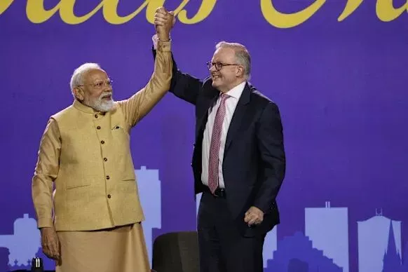 Indian Prime Minister Narendra Modi and Australian Prime Minister Anthony Albanese at Marvel Stadium on Thursday evening.