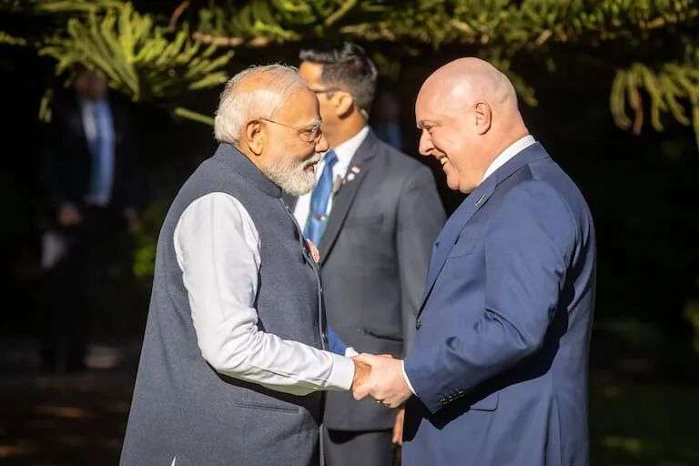 Christopher Luxon welcomed Indian Prime Minister Narendra Modi to Government House in Auckland this morning. Photo / Bruce Mackay
