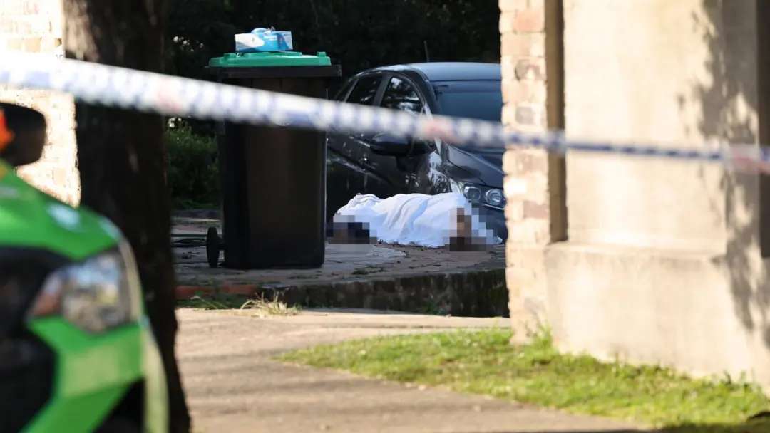 Mr Cheung’s body covered by a sheet at the scene. Picture: Tim Hunter